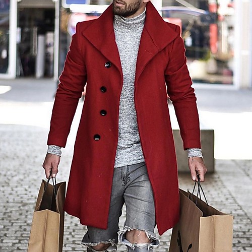 

Men's Daily Fall & Winter Long Coat, Solid Colored Turndown Long Sleeve Polyester Red