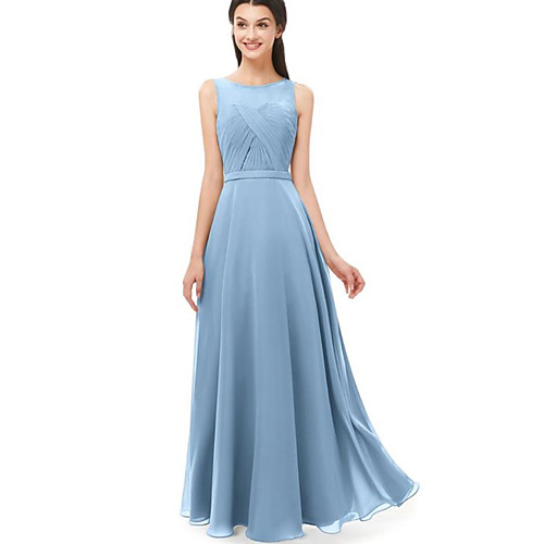 

A-Line Jewel Neck Floor Length Chiffon Bridesmaid Dress with Ruching / Pleats