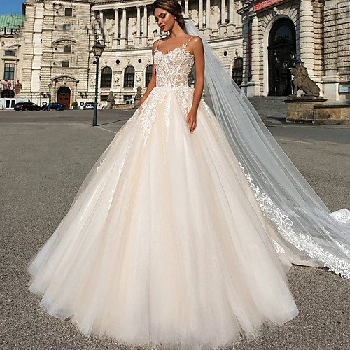 

Ball Gown Sweetheart Neckline Chapel Train Lace / Tulle Spaghetti Strap Made-To-Measure Wedding Dresses with Beading / Crystals / Lace 2020