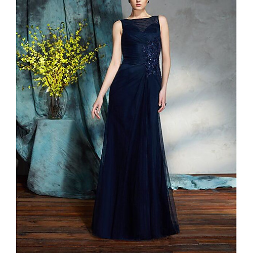 

A-Line Bateau Neck Floor Length Chiffon Sleeveless Elegant & Luxurious Mother of the Bride Dress with Appliques / Crystals / Sash / Ribbon 2020