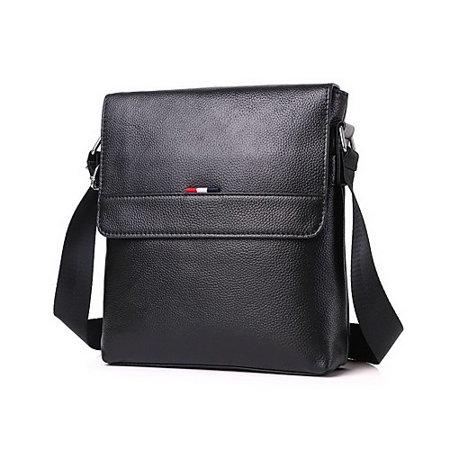 

Men's Zipper Cowhide Crossbody Bag Solid Color Black