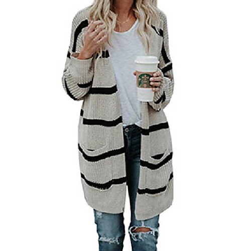 

Women's Striped Long Sleeve Cardigan Sweater Jumper, V Neck Wine / Beige S / M / L