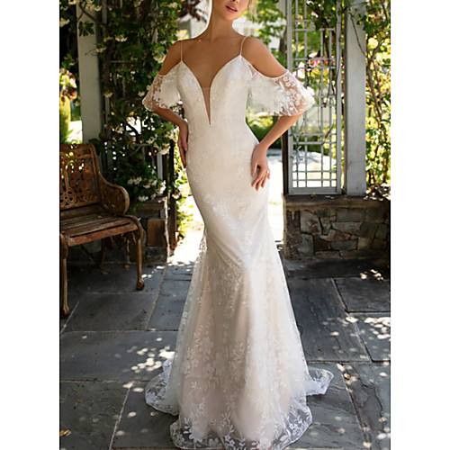 

Sheath / Column V Neck Court Train Lace Spaghetti Strap Made-To-Measure Wedding Dresses with Appliques 2020