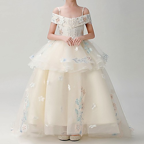 

Ball Gown Sweep / Brush Train Flower Girl Dress - Polyester Short Sleeve Spaghetti Strap with Appliques