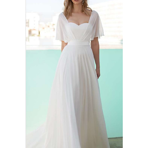 

A-Line Scoop Neck Floor Length Chiffon / Charmeuse Short Sleeve Wedding Dresses with Draping 2020