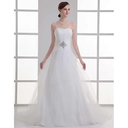 

A-Line Sweetheart Neckline Chapel Train Lace / Satin Strapless Made-To-Measure Wedding Dresses with Beading / Draping / Ruched 2020