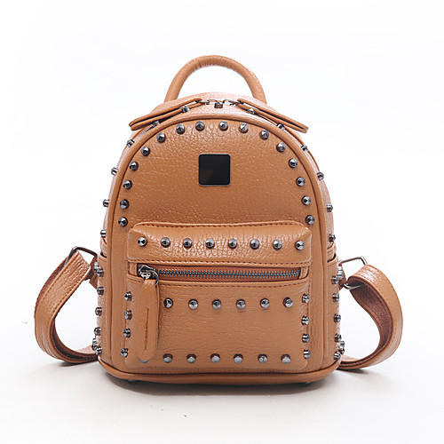 

Lightweight Faux Leather PU Rivet Commuter Backpack Solid Color School Black / Brown / Champagne