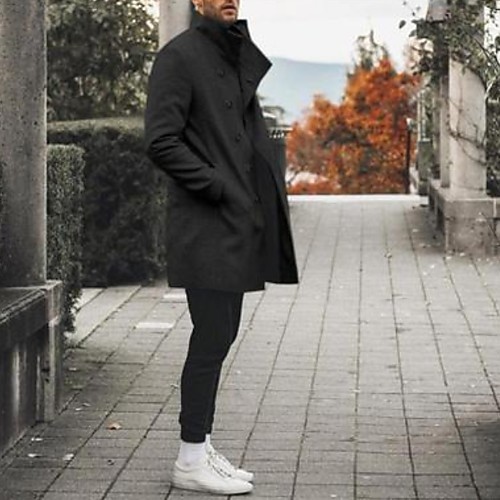 

Men's Daily Fall & Winter Long Coat, Solid Colored Stand Long Sleeve Polyester Black / White / Gray