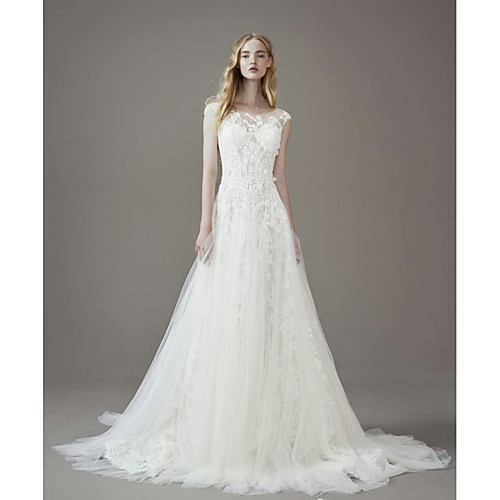 

A-Line Jewel Neck Court Train Lace / Tulle Short Sleeve Made-To-Measure Wedding Dresses with Lace 2020