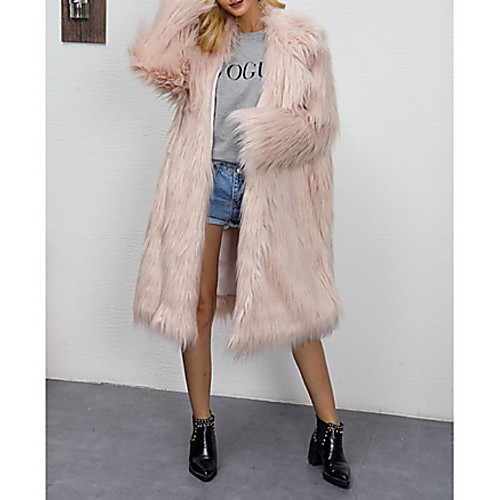 

Women's Daily Long Faux Fur Coat, Solid Colored Collarless Long Sleeve Faux Fur Blushing Pink / Green / Gray