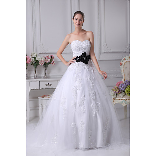 

Ball Gown Sweetheart Neckline Chapel Train Lace / Satin / Tulle Strapless Made-To-Measure Wedding Dresses with Beading / Appliques / Bow(s) 2020