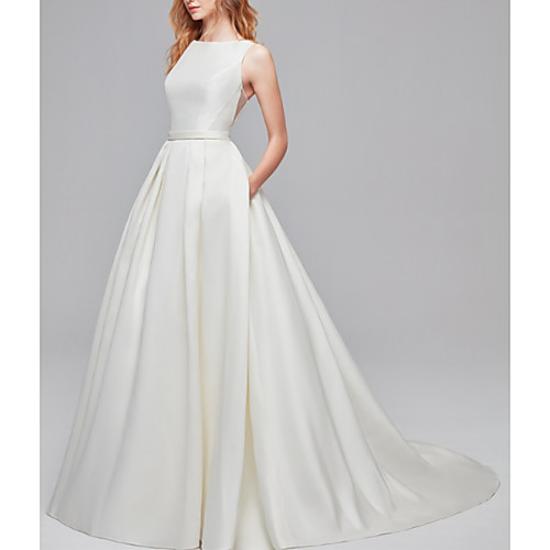 

A-Line Jewel Neck Court Train Satin Regular Straps Simple Backless / Elegant Wedding Dresses with Buttons 2020