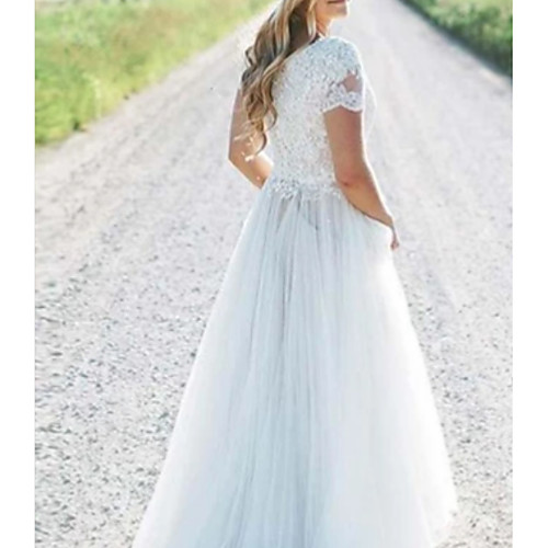 

A-Line Off Shoulder Floor Length Chiffon / Lace Short Sleeve Made-To-Measure Wedding Dresses with Appliques / Draping 2020