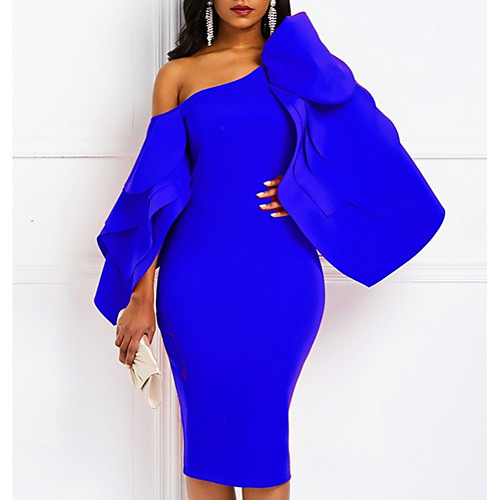 

Sheath / Column One Shoulder Knee Length Satin Sexy / Blue Cocktail Party / Formal Evening Dress with Draping 2020