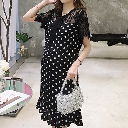 

Women's Elegant Shift Dress - Polka Dot Black M L XL XXL