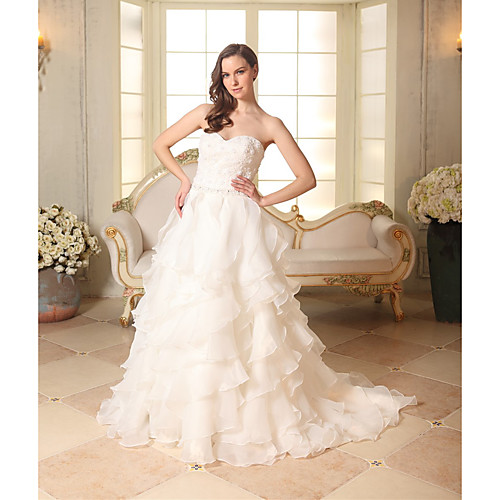 

A-Line Sweetheart Neckline Chapel Train Organza / Satin Strapless Made-To-Measure Wedding Dresses with Beading / Appliques / Cascading Ruffles 2020
