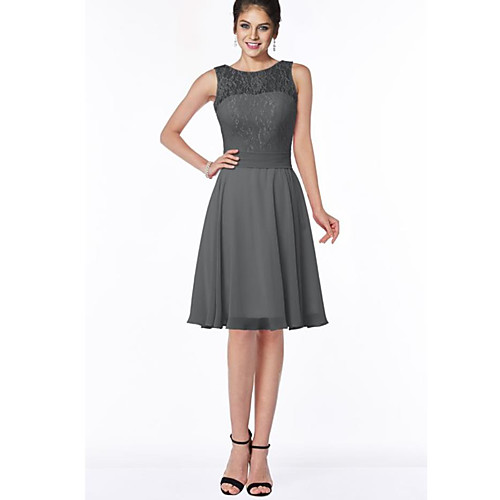

A-Line Jewel Neck Knee Length Chiffon Bridesmaid Dress with Bow(s) / Lace / Pleats