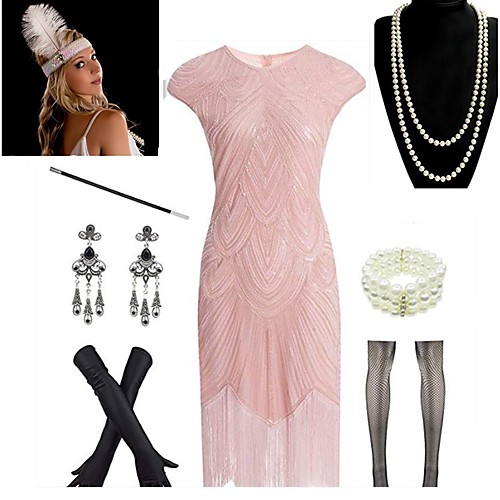 фото The great gatsby винтаж 1920s в стиле 1930-х гетсби платье для флаперов костюм для вечеринки обруч в стиле флэппер жен. с кисточками костюм браслет черный / золотой / розовый винтаж косплей фестиваль lightinthebox