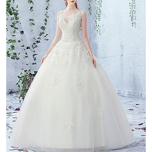 

A-Line Jewel Neck Floor Length Tulle Regular Straps Made-To-Measure Wedding Dresses with Appliques 2020