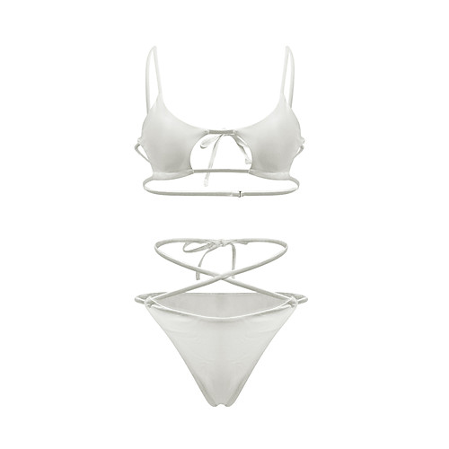 

Women's Basic White Triangle Cheeky Bikini Swimwear - Solid Colored Backless Criss Cross Lace up S M L White