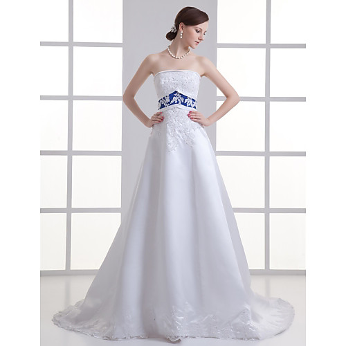 

A-Line Strapless Court Train Lace / Satin Strapless Made-To-Measure Wedding Dresses with Beading / Appliques / Sashes / Ribbons 2020