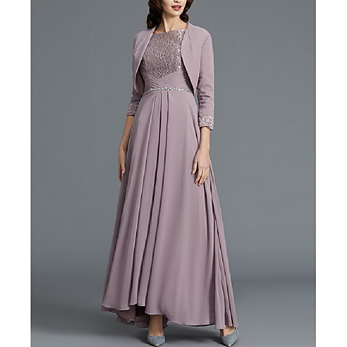 

A-Line / Two Piece Bateau Neck Floor Length Chiffon / Lace 3/4 Length Sleeve Wrap Included Mother of the Bride Dress with Beading / Sash / Ribbon / Ruching 2020