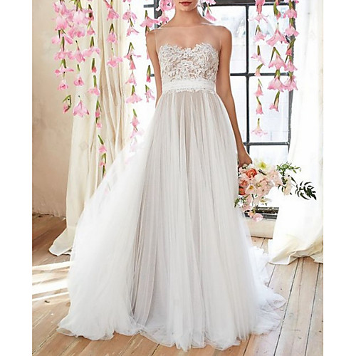 

A-Line Jewel Neck Court Train Tulle Spaghetti Strap Made-To-Measure Wedding Dresses with Lace Insert 2020