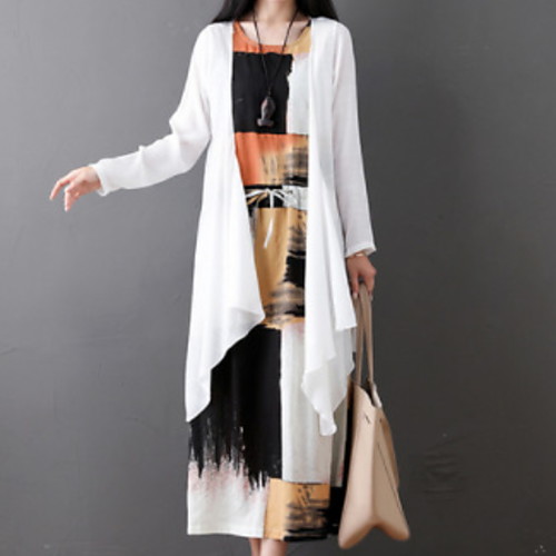 

Women's Two Piece Dress - Color Block White Army Green Red M L XL XXL