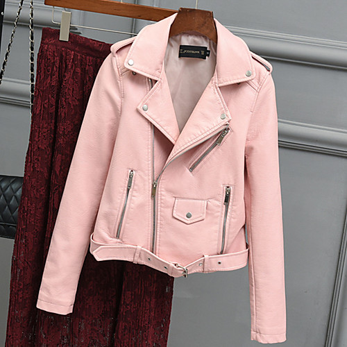 

Women's Daily Fall & Winter Regular Leather Jacket, Solid Colored Shirt Collar Long Sleeve PU Blushing Pink