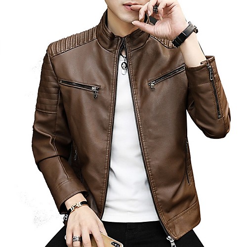 

Men's Daily Fall & Winter Regular Leather Jacket, Solid Colored Stand Long Sleeve PU Black / Yellow / Brown