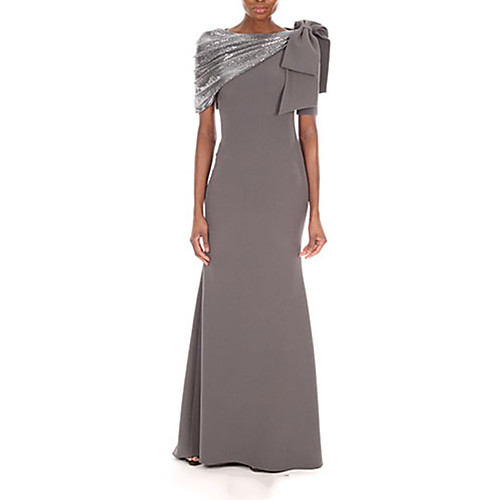

Sheath / Column Jewel Neck Floor Length Satin Short Sleeve Elegant & Luxurious Mother of the Bride Dress with Pleats 2020