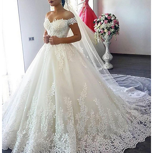

A-Line Off Shoulder Court Train Lace Cap Sleeve Made-To-Measure Wedding Dresses with Lace Insert 2020
