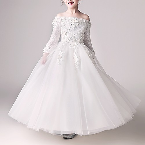 

Ball Gown Floor Length Flower Girl Dress - Polyester 3/4 Length Sleeve Off Shoulder with Appliques
