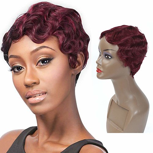 

Human Hair Wig Short Wavy Pixie Cut Burgundy New Design New Arrival Hot Sale Capless Indian Hair Vietnamese Hair Women's Dark Wine 6 inch