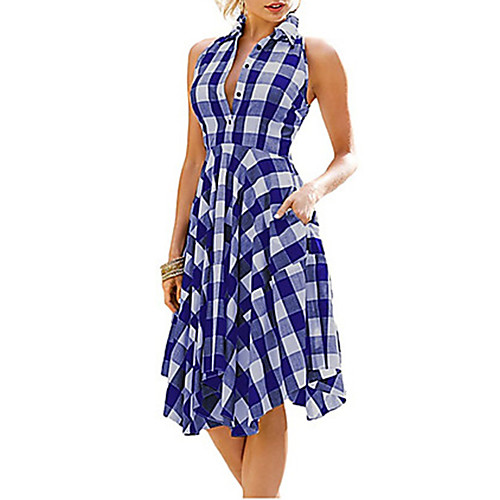 

Women's A Line Dress - Plaid Black White Blue S M L XL