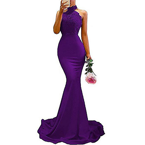 

Sheath / Column Halter Neck Sweep / Brush Train Jersey Open Back Formal Evening Dress 2020 with Lace Insert by Lightinthebox
