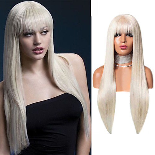 

Synthetic Lace Front Wig Natural Straight Silky Straight With Bangs Lace Front Wig Long Platinum Blonde Synthetic Hair 18-24 inch Women's Cosplay Heat Resistant Party Blonde