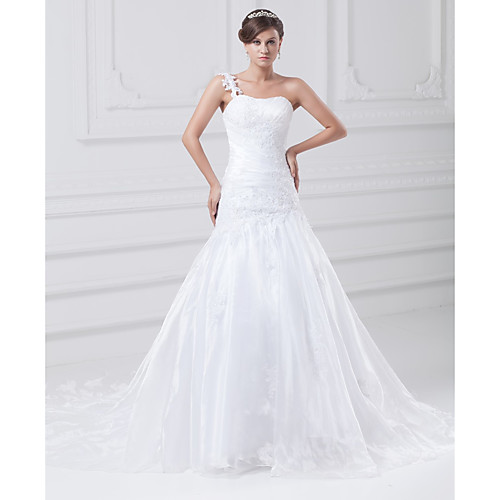 

Mermaid / Trumpet One Shoulder Chapel Train Lace / Organza / Satin Spaghetti Strap Made-To-Measure Wedding Dresses with Beading / Appliques / Ruched 2020