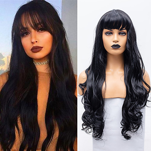 

Synthetic Lace Front Wig Body Wave With Bangs Lace Front Wig Long Natural Black Synthetic Hair 18-30 inch Women's Cosplay Heat Resistant Synthetic Black / Natural Hairline