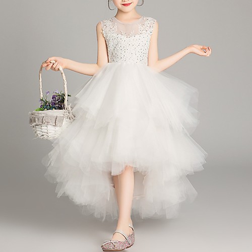 

A-Line Asymmetrical Flower Girl Dress - Tulle Sleeveless Jewel Neck with Appliques / Tier / Crystals / Rhinestones