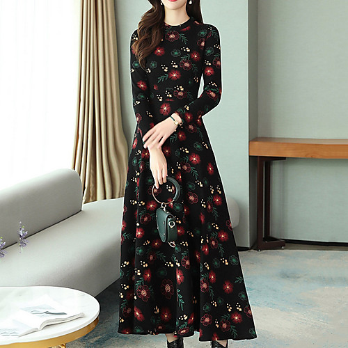 

Women's A Line Dress - Floral Black Red Green M L XL XXL
