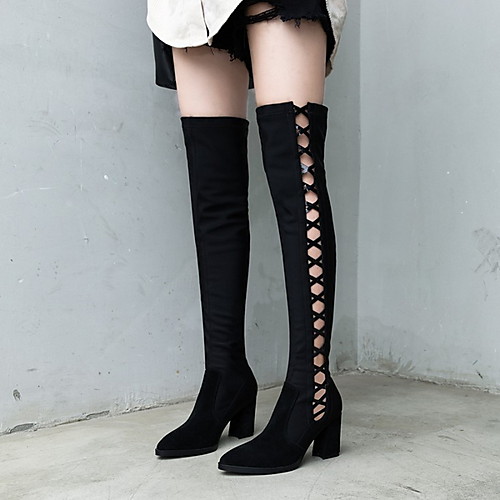 

Women's Boots Chunky Heel Round Toe Suede Knee High Boots Winter Black