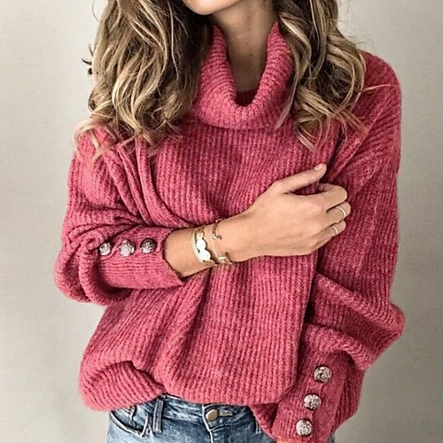 

Women's Solid Colored Long Sleeve Pullover Sweater Jumper, Turtleneck Black / White / Blue S / M / L