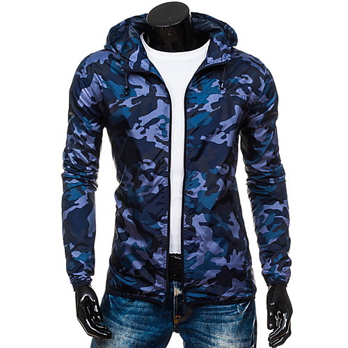 

Men's Daily Regular Jacket, Camo / Camouflage Hooded Long Sleeve Polyester Blue / Green / Gray