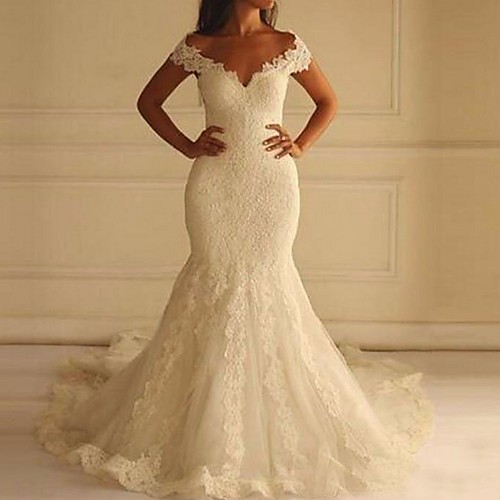 

Mermaid / Trumpet Off Shoulder Court Train Lace Short Sleeve Made-To-Measure Wedding Dresses with 2020