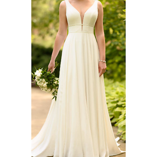 

A-Line V Neck Sweep / Brush Train Charmeuse Spaghetti Strap Made-To-Measure Wedding Dresses with Draping 2020