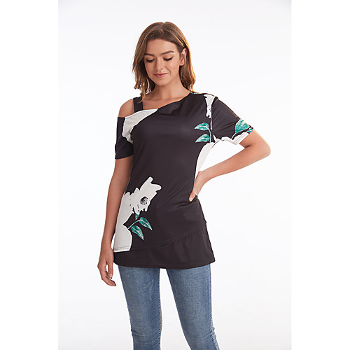 

Women's Daily Going out Basic Blouse - Color Block Print Black