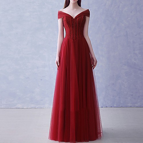 

A-Line Off Shoulder Floor Length Tulle Bridesmaid Dress with Pleats