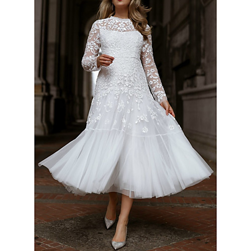 

A-Line Illusion Neck Tea Length Lace / Tulle Floral / White Engagement / Cocktail Party Dress with Pleats / Appliques 2020