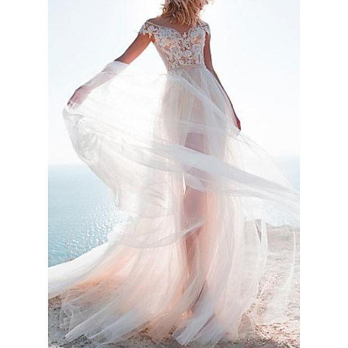 

A-Line Jewel Neck Sweep / Brush Train Lace / Tulle Cap Sleeve Made-To-Measure Wedding Dresses with Beading / Appliques 2020